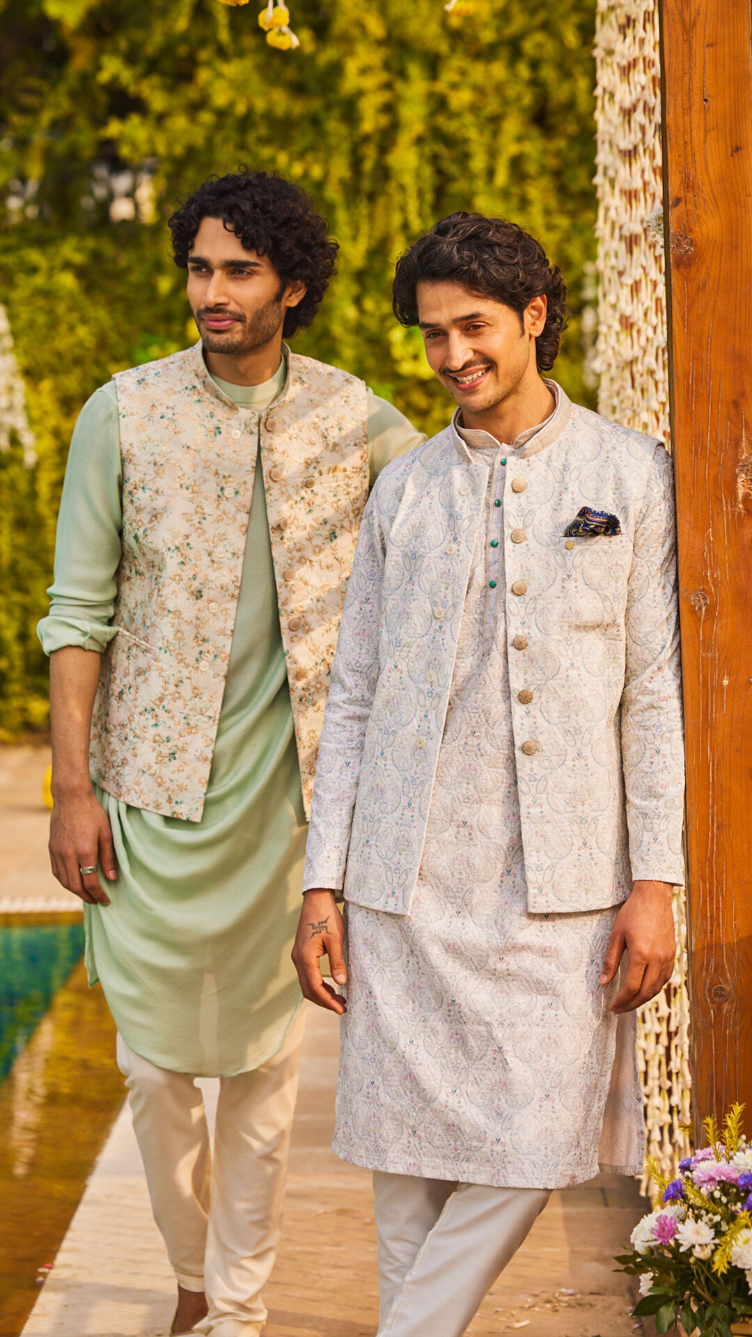 Men wearing traditional kurta pajama with elegant jacket set on it fir wedding